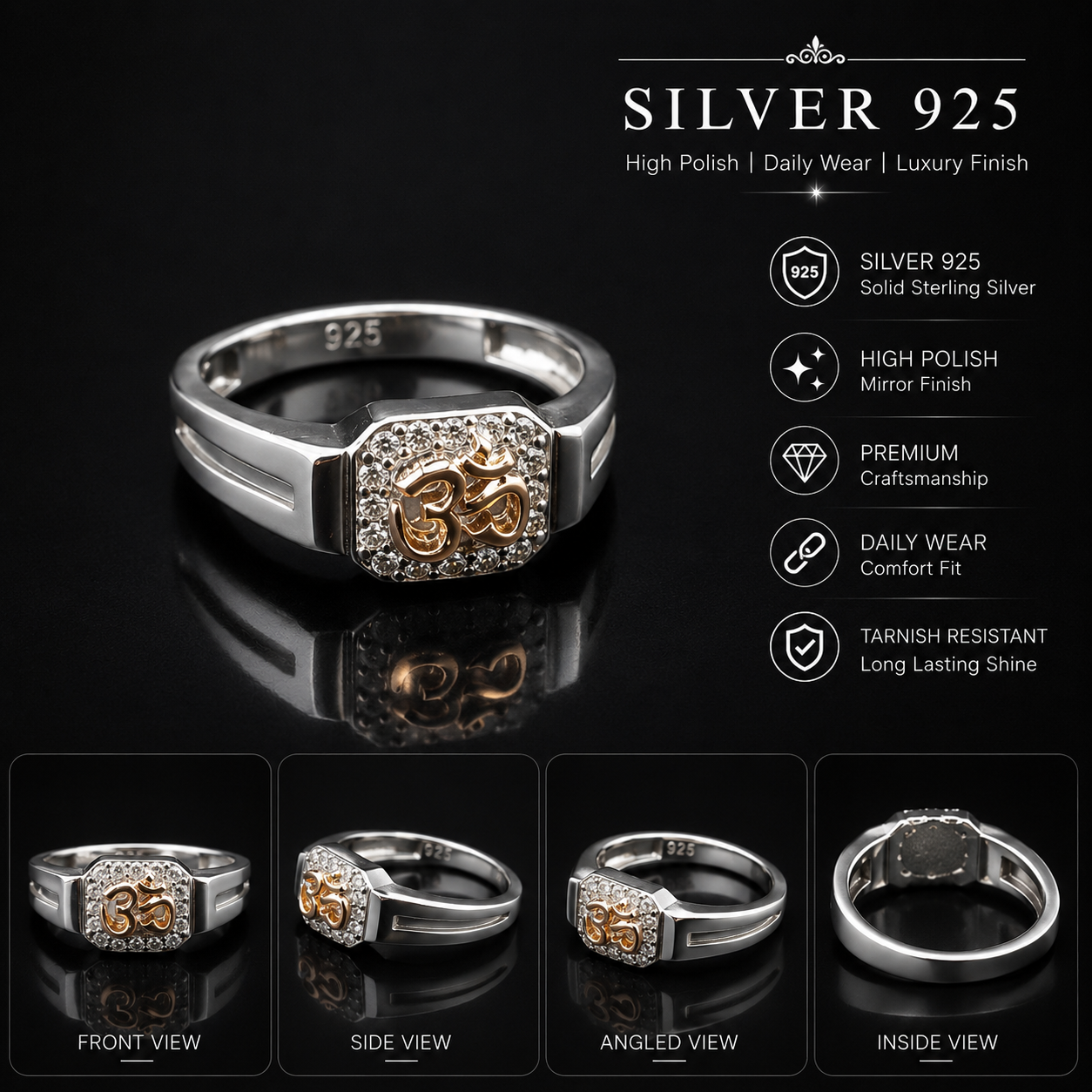 925 Sterling Silver Om Ring – Rhodium Polish Finish