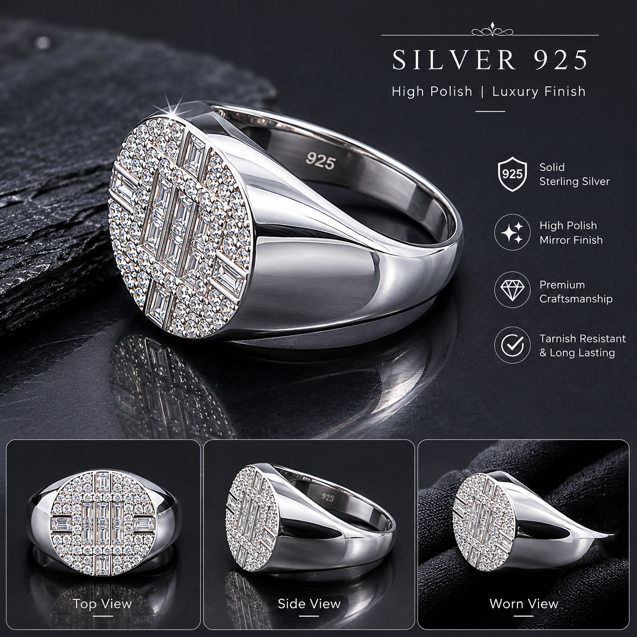 Royal Luxe Diamond-Cut Silver 925 Signet Ring